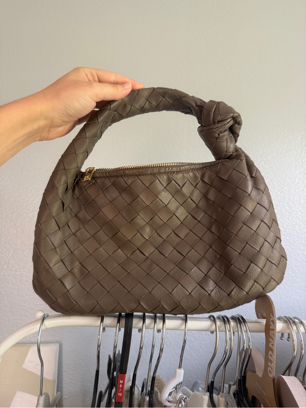 Woven Intrecciato Shoulder Bag in Taupe